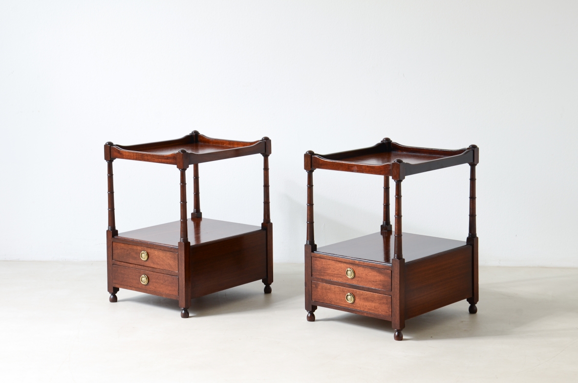Pair of coffee tables/nightstands with tray top and turned columns 1900