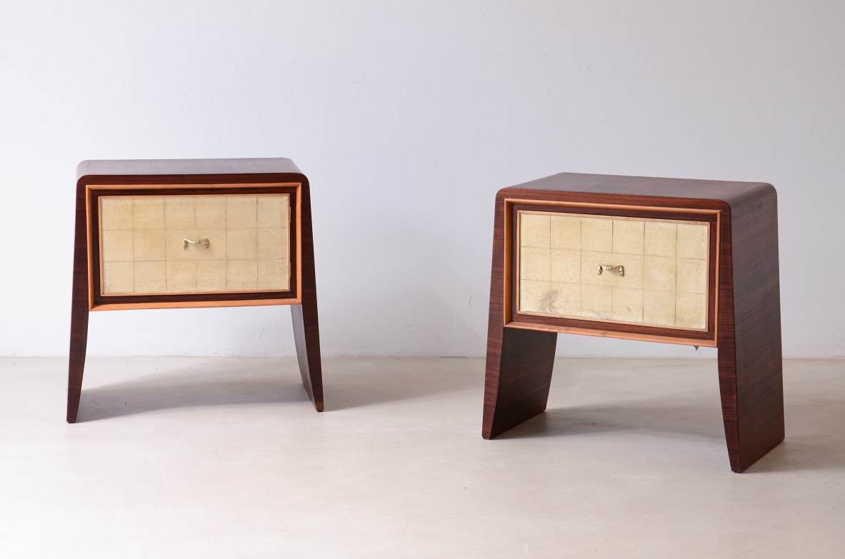 Attr. Paolo Buffa  Pair of wooden bedside tables with pyramid uprights.  Italian manufacture, ca. 1940.