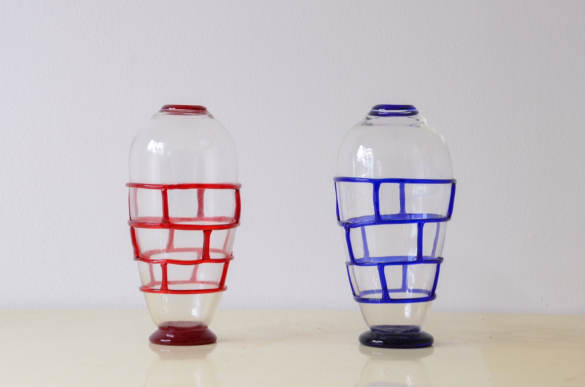 Pair of blown glass vases with colored glass applications.  Manufacturing ca. 1980.