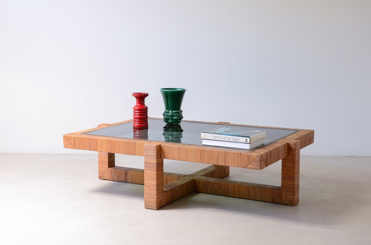 Large low table with crosspiece covered with straw. Manufactured by Vivai del Sud, 1970ca.