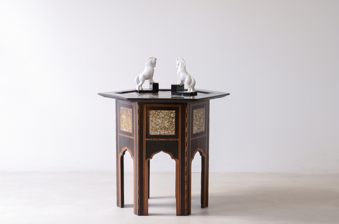 Colonial coffee table in ebonized wood and mother-of-pearl.  Italian manufacture, circa 1930.