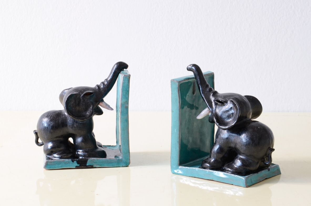 Michael Powolny  Two glazed ceramic elephant bookends.  Wiener Keramik, ca. 1920.