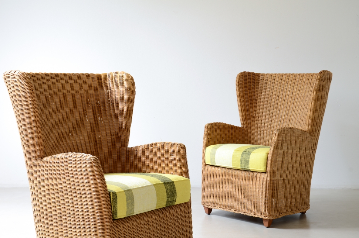 Two large woven rattan armchairs, Italian manufacture